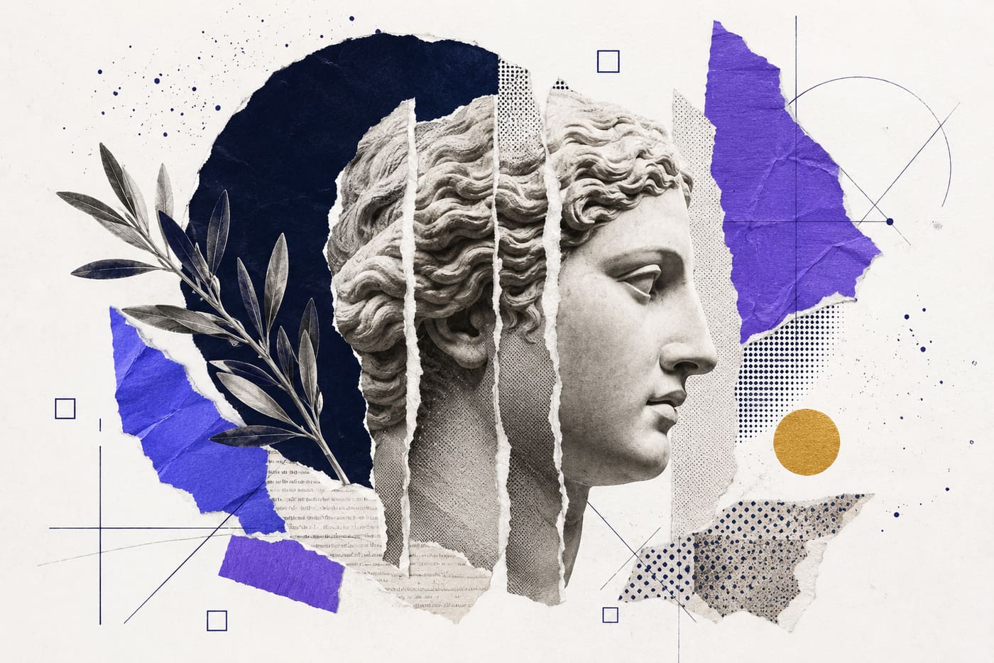 Editorial collage: a classical statue head among torn paper in the practice's navy, indigo and gold